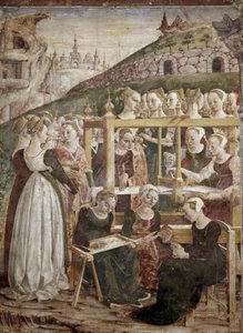 Allegori om marsj, detalj om triumf av Minerva med kvinner som vever) detalj - freskomaleri av Francesco del Cossa (ca. 1436-vers 1478) Ferrara (Ferrara) Palazzo Schifanoia, Salone dei Mesi av Francesco del Cossa