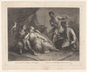Kvinne liggende på et teppe Scener fra Voltaires skuespill Zaire (serietittel) av Francesco del Pedro