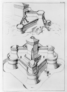 Festninger designet for å muliggjøre forsvar mot angrep fra alle retninger (litho) av Francesco di Giorgio (after) Martini