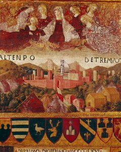 Ex voto (eller ex voto): "" Jomfru Maria beskytter byen Siena på tidspunktet for jordskjelvene 1466-1467"" Detalj. Tremaleri av Francesco di Giorgio Martini (1439-1502) som dekorerer en Biccherna (omslaget til regnskapsregisteret til byen Si