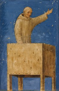 Saint Bernardino forkynner fra en prekestol, ca. 1470-75.