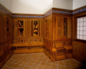 Studiolo fra hertugpalasset i Gubbio, ca. 1478-82 (valnøtt, bøk, palisander, eik og fruktved i valnøttbunn)