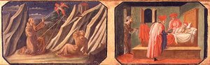 (LtoR) St. Frans av Assisi mottar stigmata, SS. Cosmas og Damian helbreder en syk mann; kopier av originale paneler som utgjør en del av Predella to the Madonna and Child Enthroned av Filippo Lipp av Francesco di Stefano Pesellino