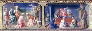 (LtoR) Martyrdøden til SS. Cosmas og Damian, St. Anthony av Padua finner gnierhjertet; to paneler av predellaen til Madonna and Child Enthroned av Filippo Lippi (ca. 1406-69) (tempera på panna av Francesco di Stefano Pesellino