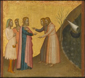 Acteus og Eugenius ber St. Johannes evangelisten om å gjenopprette sin rikdom, ca. 1370-1380 (tempera og bladgull på panel)