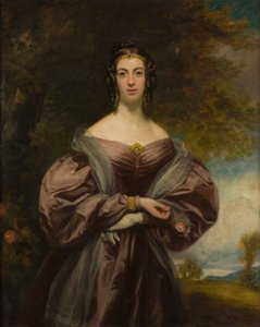 Tre-kvarts lengde portrett av Jessie Duff holder en rose (olje på lerret) av Francis (follower of) Grant