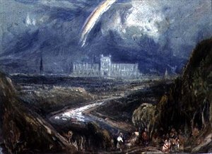 Utsikt fra en åsside av en fjern by og katedral, (sannsynligvis Exeter), med en elv i forgrunnen