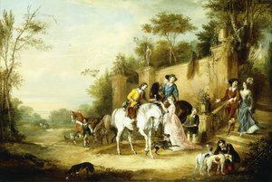 En Hawking-fest på vei fra trappen til et landsted, 1828 av Francis Calcraft Turner