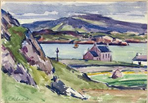 Figure og Kirk, Iona (blyant og w/c på papir) av Francis Campbell Boileau Cadell