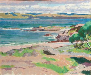 Ross of Mull fra Traigh Mhor, Iona (olje om bord) av Francis Campbell Boileau Cadell