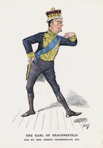 The Earl of Beaconsfield, The Rt Hon Joseph Chamberlain (farge litho) av Francis Carruthers Gould