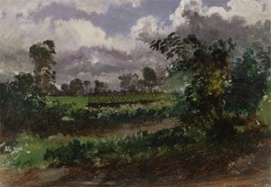 En utsikt over kunstnerens hage fra huset hans i Exmouth, Devonshire (olje på papir montert på papp) av Francis Danby