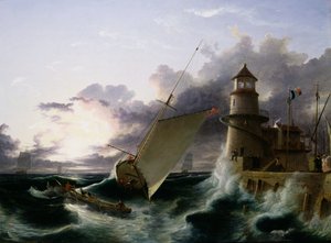 Båt ved et fyrtårn, en storm går av (olje på lerret) av Francis Danby