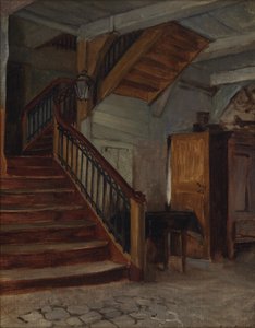 Rominteriør med svingete trapp, sent på 1800- og begynnelsen av 1900-tallet.