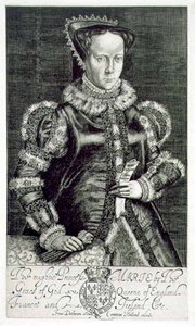 Portrett av Mary I (1516-58) Holder bønnen til Thomas Hongar, gravert av kunstneren, pub. av Compton Holland (gravering)