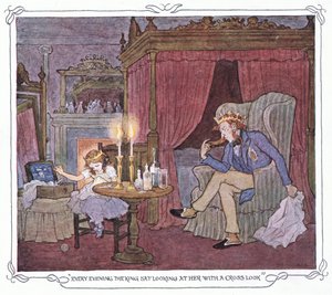 Hver kveld satt kongen og så på henne med et surt blikk. Fra The Magic Fishbone, publ. av Warne amp; Co, ca. 1940 (fargelitografi). av Francis Donkin Bedford