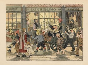 Fyrverkeributikk - Viktorianske barn som trekker en fyr i en vogn på Guy Fawkes-kvelden foran L. Squiblings fyrverkeributikk. Kromolitografi etter en illustrasjon av Francis Donkin Bedford fra Edward Verrall Lucas#39; The Book of Shops. av Francis Donkin Bedford