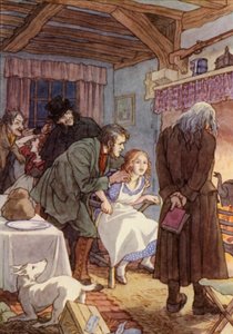 Illustrasjon til Sirissen på ildstedet av Charles Dickens (fargelitografi)