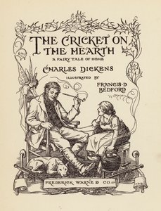 Illustrasjon av tittelsiden til The Cricket on the Hearth av Charles Dickens (fargelitografi) av Francis Donkin Bedford