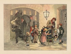 Viktorianske barn som spiser varme poteter fra potetmannen. I bakgrunnen går folk med paraplyer ombord i en vogn i regnet. Kromolitografi etter en illustrasjon av Francis Donkin Bedford fra Edward Verrall Lucas#39; The Book of Shops.
