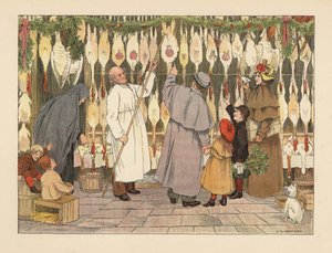 Viktoriansk familie velger kalkun til jul hos fjørfehandleren. Slakter i kjortel med krok som fjerner en fugl. Kromolitografi etter en illustrasjon av Francis Donkin Bedford fra Edward Verrall Lucas#39; The Book of Shops. av Francis Donkin Bedford