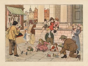 Viktorianske kantsteinskjøpmenn som selger småpengeleker til barn i en gate i London. Kromolitografi etter en illustrasjon av Francis Donkin Bedford fra Edward Verrall Lucas#39; The Book of Shops. av Francis Donkin Bedford
