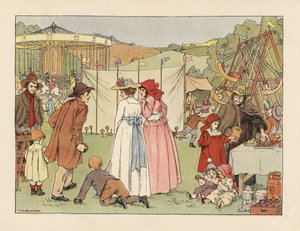 Viktorianske ungdommer ved en kokosnøttsky, barn på husker og karusell på et landsbymarked. Kromolitografi etter en illustrasjon av Francis Donkin Bedford fra Edward Verrall Lucas#39; The Book of Shops. av Francis Donkin Bedford