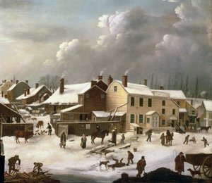 Vinterscene i Brooklyn, detalj av en gate og postkontoret, ca. 1817-20 (detalj av 84498)