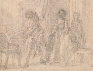 Scene fra et skuespill, muligens Benjamin Hoadleys "The Suspicious Husband" av Francis Hayman