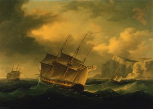 En engelsk fregatt skyver en fransk fregatt mot en steinete kyst av Francis II Sartorius