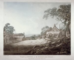 En hestevogn som forsvinner over en høyde på Edgware Road, London, 1799