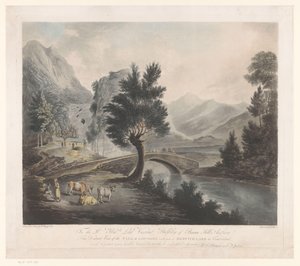 Utsikt over Lake Keswick med Lodore Falls Fjern utsikt over fallet av Lowdore med en del av Keswick Lake i Cumberland (tittel på objekt) av Francis Jukes