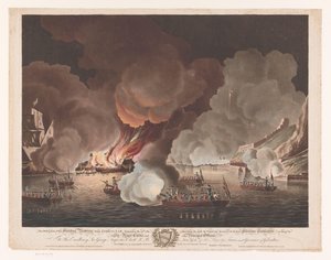Ødelegge skip utenfor Gibraltar, 14. september 1782 The Destruction of the Floating Batteries before Gibraltar, 14. september 1782 (...) (tittel på objekt)
