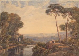 Landskap med et tempel og figurer ved en elv