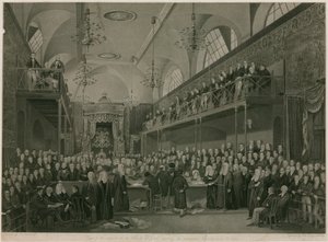 Interiør av House of Lords, Westminster, London, under den viktige etterforskningen i 1820