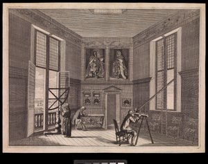 Tre figurer som bruker astronomisk utstyr i Great Star Room eller Octagon Room, som det er kjent i dag, ved Royal Observatory, ca. 1676 (gravering)
