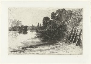 Bank of the Thames ved Brentford Brentford Ferry (tittel på objekt) av Francis Seymour Haden (Sir) (signed by artist)