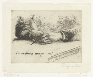 To hender, tegner med kritt. Hender som holder en fargestift Hic Terminus Haeret (tittel på objekt)