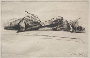 Drypointing på hendene av Francis Seymour Haden