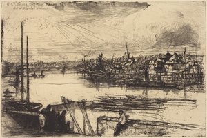 Gamle Chelsea, fra Whistlers vindu (Battersea Reach) av Francis Seymour Haden