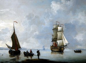 En britisk krigsmann blir slept til Anchor (olje på kobber)