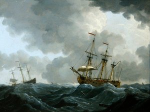 En marinesoldat: to fregatter i en storm som nærmer seg (olje på kobber)