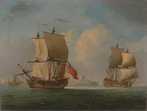 En engelsk slup og en fregatt i en lett bris