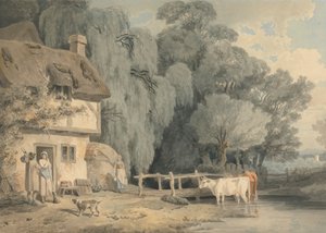 Country Scene: Figurer ved en hyttedør og storfe i en bekk