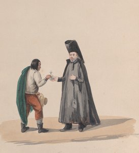 En kanon som overlater et krusifiks til en mann, fra en gruppe tegninger som viser peruansk drakt, 1848.
