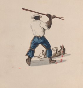 En mann sett bakfra som slår en hund med en pinne, fra en gruppe tegninger som viser..., ca. 1848