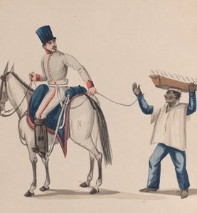 En soldat på hesteryggen holder et tau som sikrer en urfolksslave som balanserer en tallerken..., ca. 184