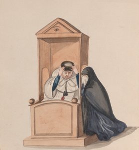 En kvinne som bekjenner til en prest, fra en gruppe tegninger som viser peruansk drakt, ca. 1848.
