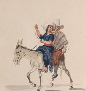 En indisk mann og kvinne som rir på et esel, fra en gruppe tegninger som viser peruansk..., ca. 1848.