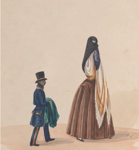 En elegant kledd kvinne og siden hennes, fra en gruppe tegninger som viser peruansk..., ca. 1848.